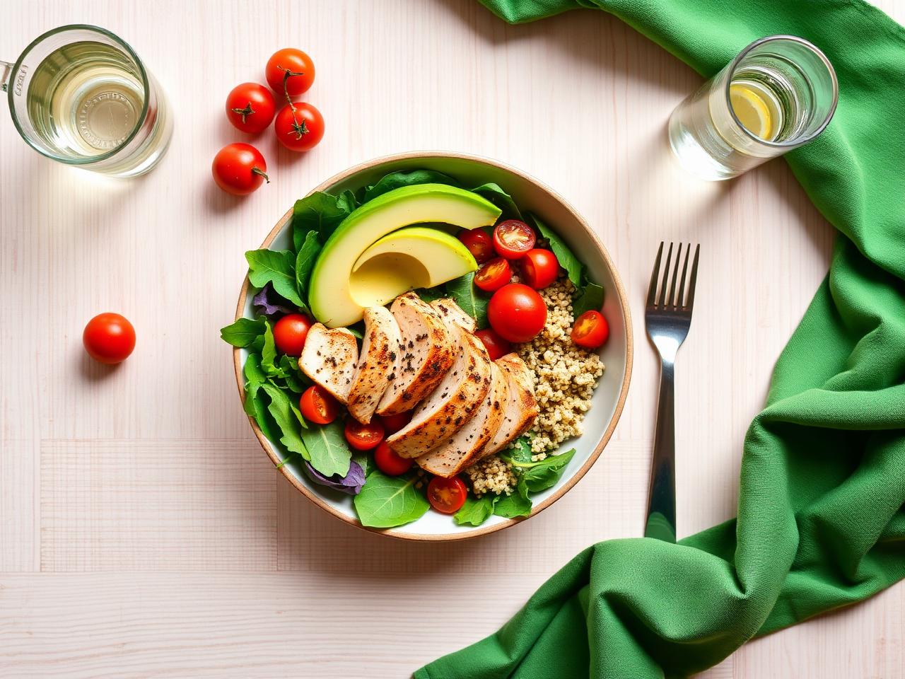 Comida saludable y colorida con proteína, vegetales y quinoa